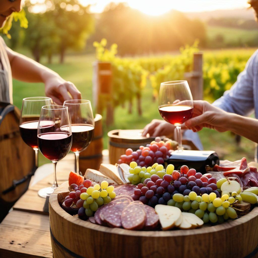 A cozy vineyard scene at sunset, with a diverse group of wine lovers tasting different wines. Include a wooden barrel, grapes, and wine glasses in the foreground. Shadows cast by the setting sun create a warm atmosphere, inspiring a sense of community and appreciation. Emphasize lush green vines and a beautifully set table with a charcuterie board. soft focus, vibrant colors, warm tones.