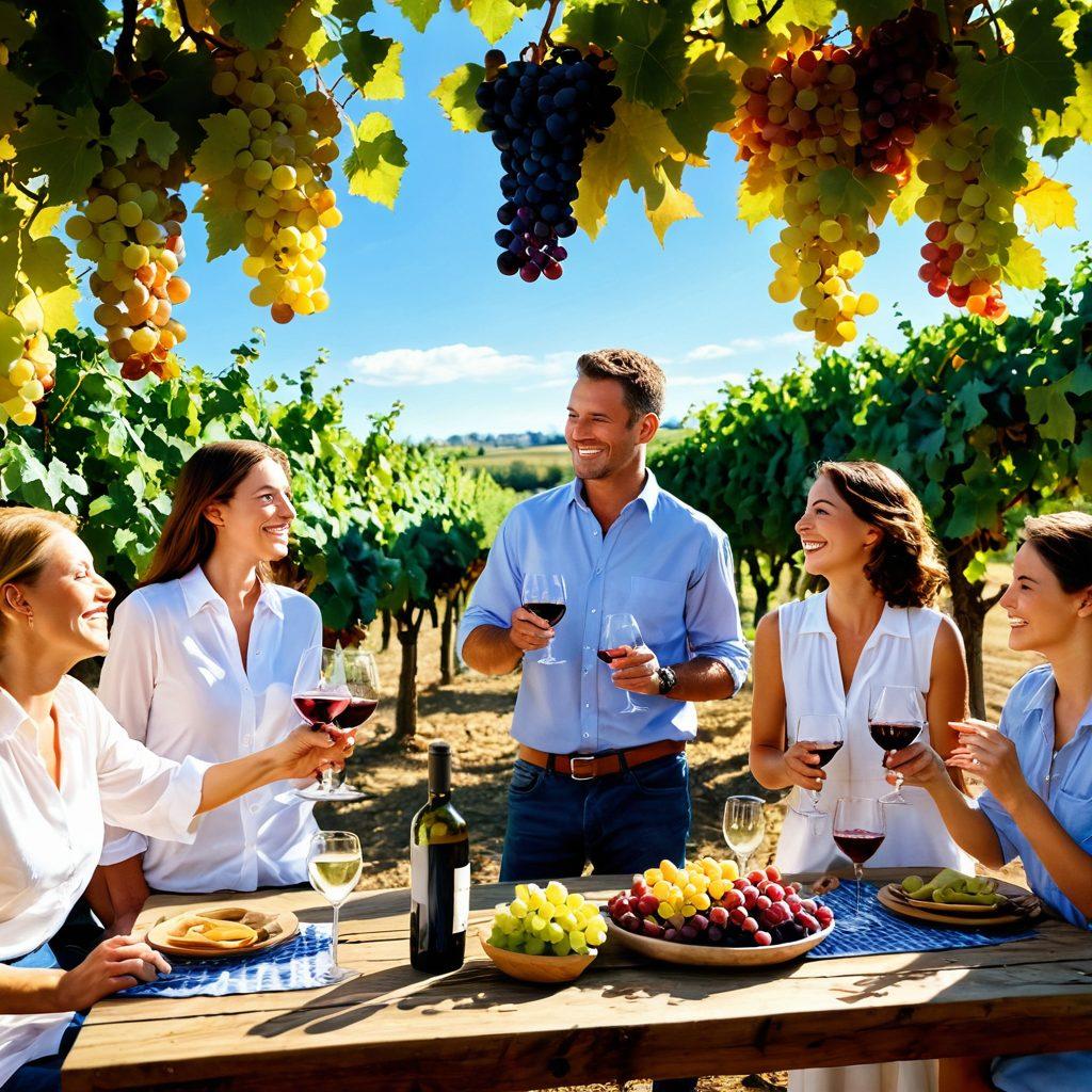 A lively vineyard scene featuring a diverse group of people, both enthusiasts and novices, joyfully tasting wine and sharing laughter under a clear blue sky. Grapevines drape in the background, with grapes hanging ripe and ready for harvest. A rustic wooden table displays various wine bottles and glasses, enveloped in sunlight to create a warm, inviting atmosphere. Feelings of happiness and camaraderie are captured in their expressions. bright colors. super-realistic. cheerful mood.