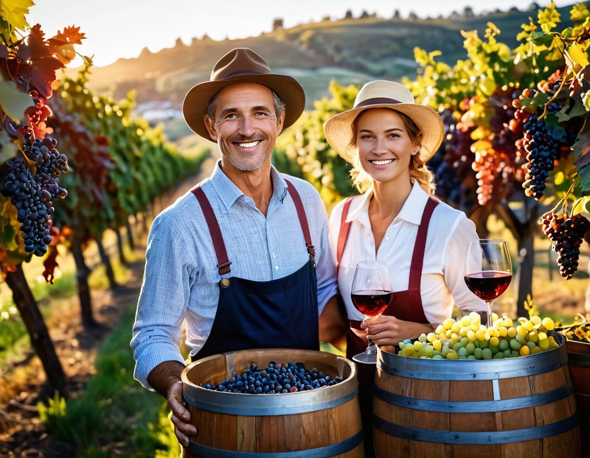 A picturesque vineyard in late afternoon light, showcasing clusters of ripe grapes ready for harvest. In the background, a cozy winery with barrels and glasses filled with shimmering red and white wine, reflecting the golden sunlight. A joyful winemaker, wearing a straw hat, tends to the vines with a smile, symbolizing passion and craftsmanship. Gentle rolling hills add depth, framed by vibrant autumn colors. super-realistic. vibrant colors. warm lighting.